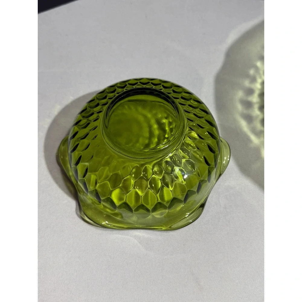 Vintage Indiana Glass Avocado Green Diamond Point Ruffled Serving Bowl Set of 2
